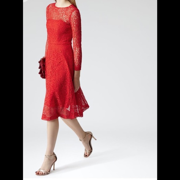 REISS - LONG SLEEVE RED GUIPURE LACE MIDI LADY DRESS - NWTags - Picture 2 of 8